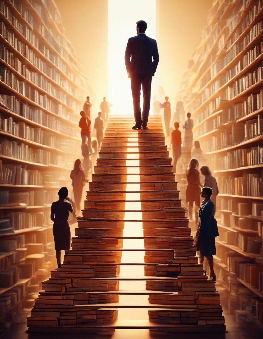 A confident professional standing on a rising staircase made of books, symbolizing career growth and knowledge. In the background, diverse silhouettes of people networking and discussing ideas. Soft sunlight illuminating the scene to create an inspirational atmosphere. Super-realistic. Vibrant colors.