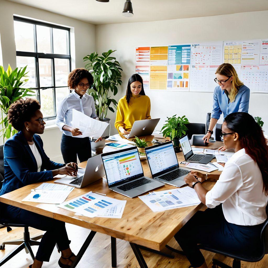 A diverse group of professionals collaborating around a large table filled with career materials, laptops, and motivational charts, emphasizing teamwork and growth. Include a bright, welcoming office setting with natural light pouring in, plants for a fresh atmosphere, and a vision board showcasing success stories. In the background, a confident career coach engaging with the team, inspiring empowerment and guidance. super-realistic. vibrant colors. modern office style.