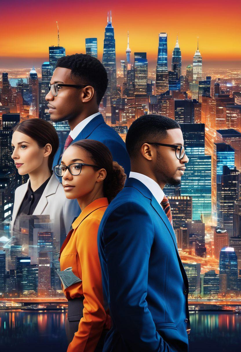 A dynamic collage showcasing diverse professionals exploring different careers, with a vibrant city skyline in the background representing opportunities. Visual elements like resumes, job interview settings, and growth charts symbolizing career advancement. Include aspects of mentorship and networking, with people engaging in discussions. Super-realistic, vibrant colors, modern graphic design.